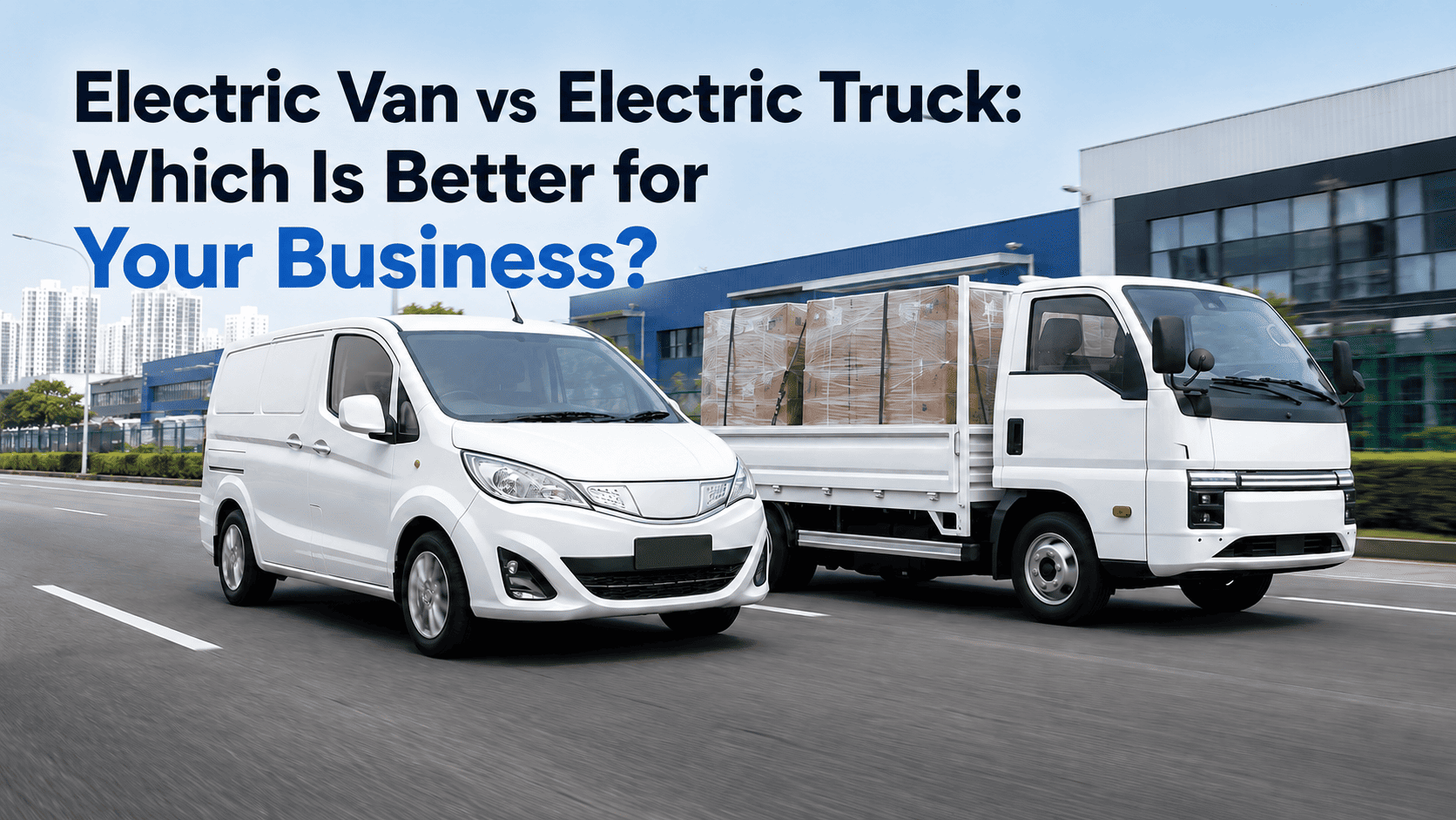 An electric cargo van and an electric truck on a Singapore industrial road