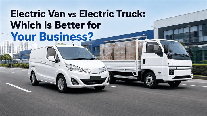 An electric cargo van and an electric truck on a Singapore industrial road