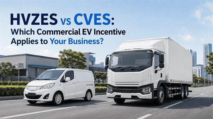 An electric van and a heavy electric truck representing Singapore's CVES and HVZES incentive schemes